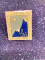 Front view of rectangular Little Mountain Baseball enamel pin