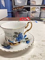 Cup resting on saucer showing pattern and gold trim