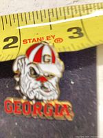 Front view of enamel lapel pin against ruler showing size