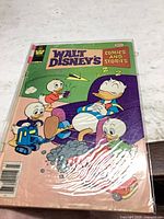 Front cover of comic book showing title, 40¢ price, Donald Duck artwork, bagged in plastic