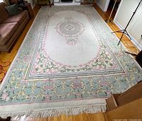 Full view of rug showing pattern, colors, fringe