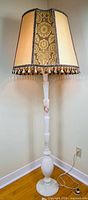 Full view of alabaster floor lamp with shade