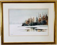 Full view of framed watercolour showing frame, mat and artwork