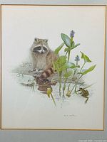Full view of artwork showing raccoon, plants and frog