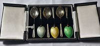 Open case showing five of the spoons seated, enamel colours visible