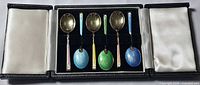 Spoons in case, bowls up showing gold wash, enamel handles visible