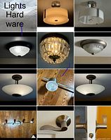Composite image showing all light fixtures and hardware included in lot