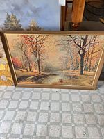 Autumn forest stream oil painting, wood frame