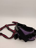 Purple vest-style harness and pink strap harness overview