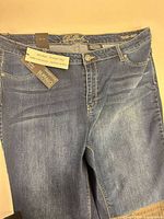 Front upper section showing brand hangtag and button fly