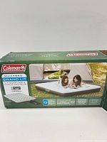 Front of original box showing Coleman QuickBed Queen air mattress details