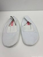 Top view of both white canvas ballet shoes