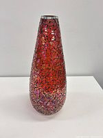 Full front view of tapered red/pink glass mosaic vase