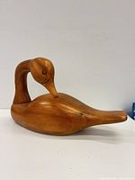 Left-front view of the carved wooden duck decoy