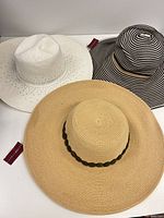 Top view of all three hats showing colors, brims, decorative details and hangtags