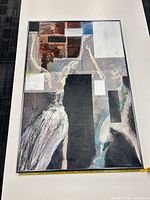 Full view of framed painting showing composition and size reference tape