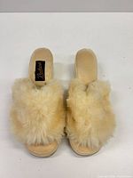 Top view of both slippers showing suede uppers, faux fur vamp, Packard insole label