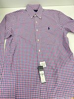 Full view of Ralph Lauren plaid button-down shirt with tags attached