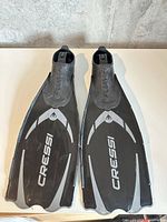 Top view of both Cressi Pluma fins showing logos, color, and condition
