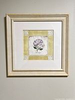 Front view of framed botanical print showing hydrangea image, mat, and frame