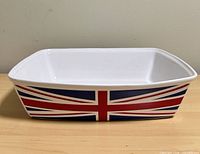 Front view of rectangular dish showing Union Jack exterior