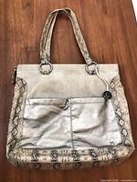 Full view of The Sak leather tote bag front side showing metallic body and snake print trim