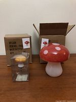 Large red spotted mushroom, small orange mushroom in packaging, both boxes