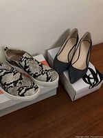 Both pairs of shoes side by side on boxes