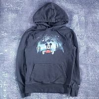 Full view of charcoal grey Mickey Mouse hoodie with kangaroo pocket
