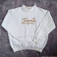 Full view of collared white sweatshirt showing overall style and condition