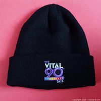 Front view showing The Vital 90 Days embroidery on black knit hat