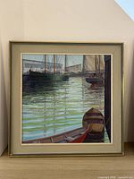 Full view of framed acrylic painting showing shipyard scene