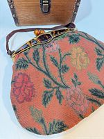 Wooden handbag and floral tapestry purse front view