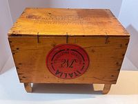 Front view of stool showing Italia label and legs
