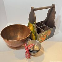 Full lot showing copper bowl, stack of six mini bundt pans, wooden fruit caddy
