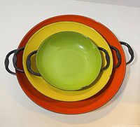 Top view of three nested enamel pans showing colors and sizes