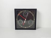 Front view of square Sunbeam clock showing main dial and three sub-dials