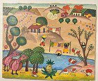 Full view of unframed painting showing entire composition