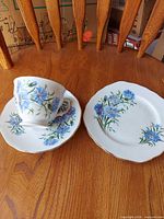 Cup on saucer beside matching plate showing full set