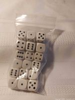 Front view of ziplock bag containing 18 white dice