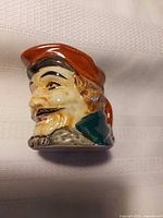 Left profile of miniature character pitcher showing facial details and red cap