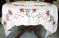 Tablecloth on round table showing overall embroidery along edge