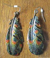 Front view of both earrings showing feather shape and paint detail