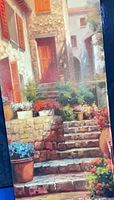 Full front view of canvas showing European staircase scene