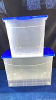 Two stacked clear bins showing translucent bodies and blue lids