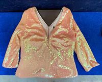 Front view of sequin dress laid flat showing V neckline, 3⁄4 sleeves, back zipper, overall color and sequin finish