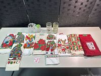 Overview of towels, glasses and basket on table