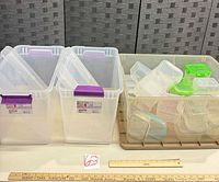 Overview showing two large Sterilite bins and one large bin filled with small containers