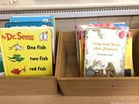 Box of books featuring One Fish Two Fish Red Fish Blue Fish and Frog and Toad Are Friends