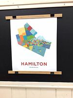 Full view of mounted Hamilton neighbourhoods map poster on wall
